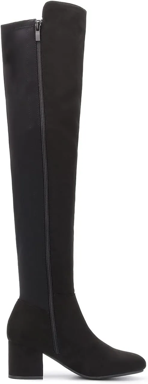 EETTARO Women's Over The Knee Boot Thigh High Block Heel Stretch Boots Fashion Side Zip Almond Toe Winter Booties