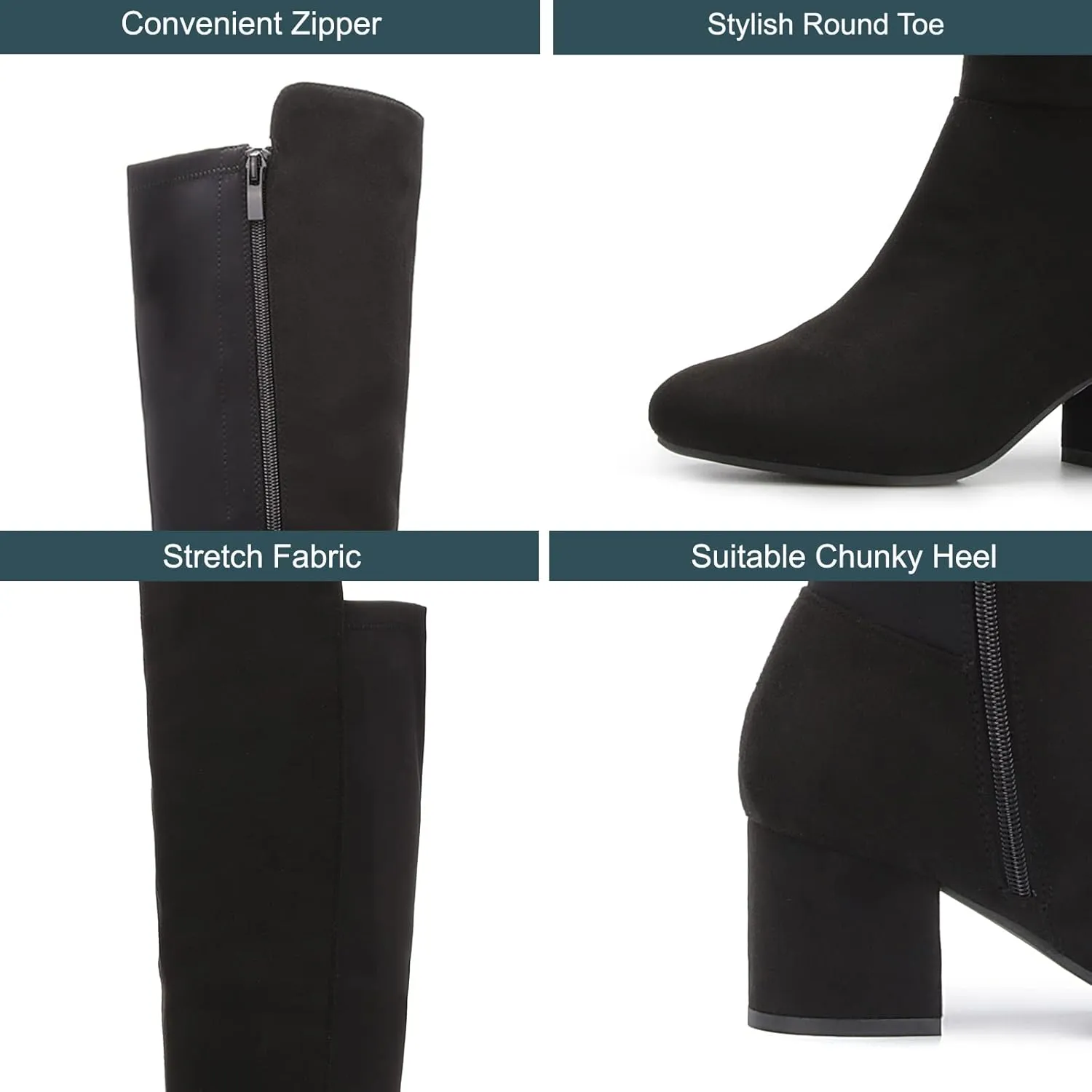 EETTARO Women's Over The Knee Boot Thigh High Block Heel Stretch Boots Fashion Side Zip Almond Toe Winter Booties