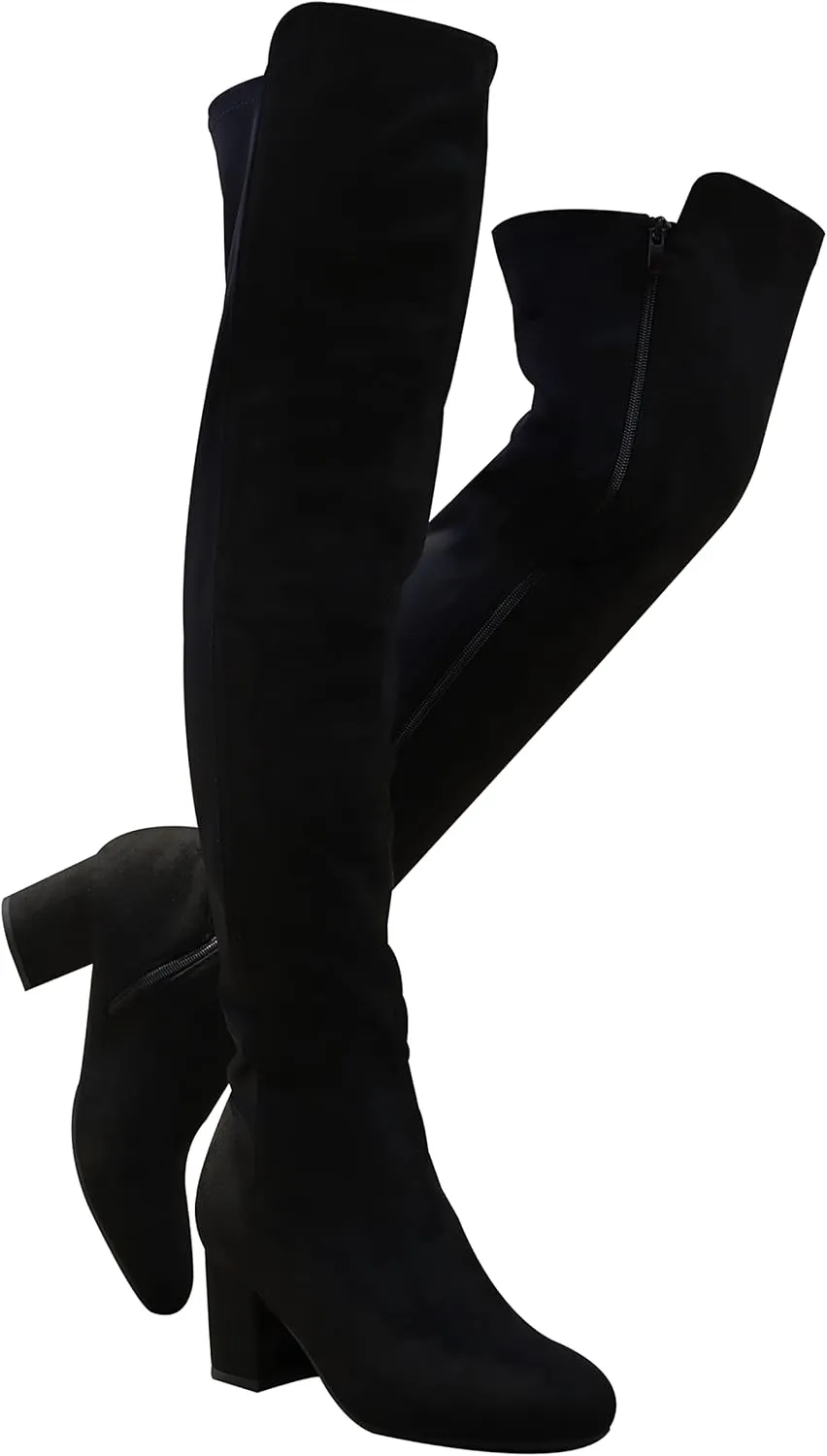 EETTARO Women's Over The Knee Boot Thigh High Block Heel Stretch Boots Fashion Side Zip Almond Toe Winter Booties