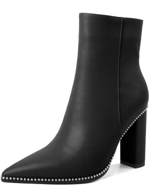 Eldof Womens Pointed Toe Beaded Chunky Ankle Boots Side Zipper 3.5 Inches