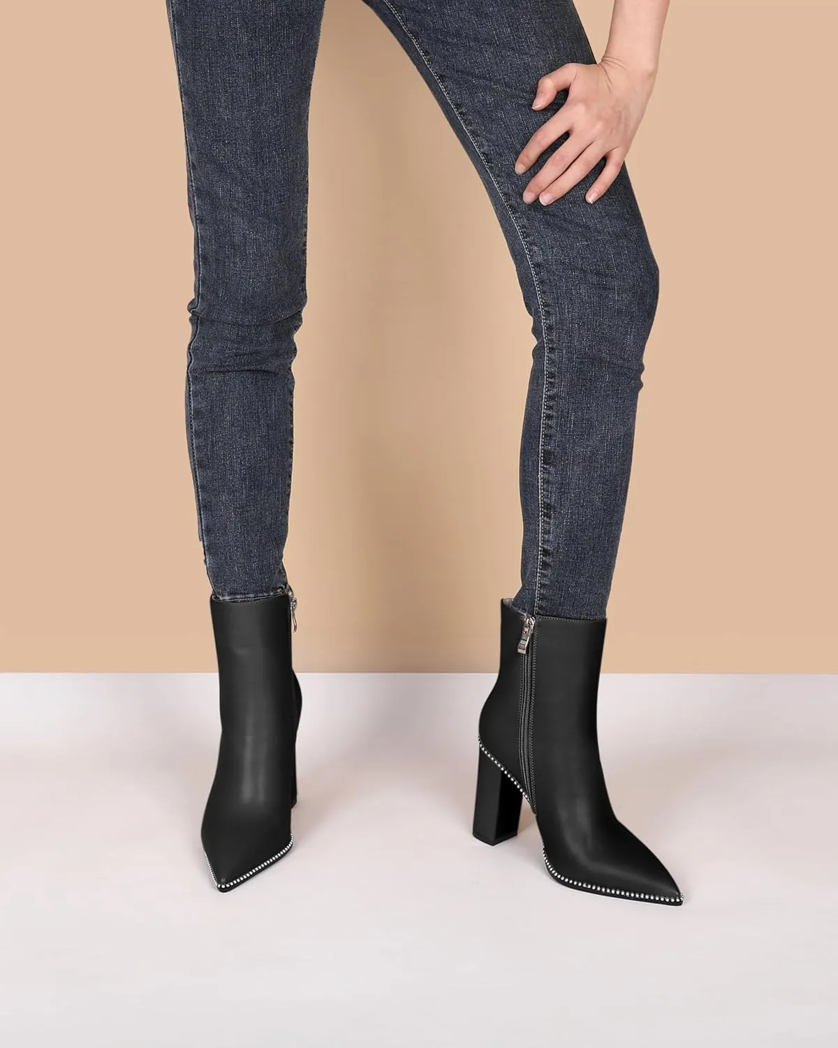 Eldof Womens Pointed Toe Beaded Chunky Ankle Boots Side Zipper 3.5 Inches