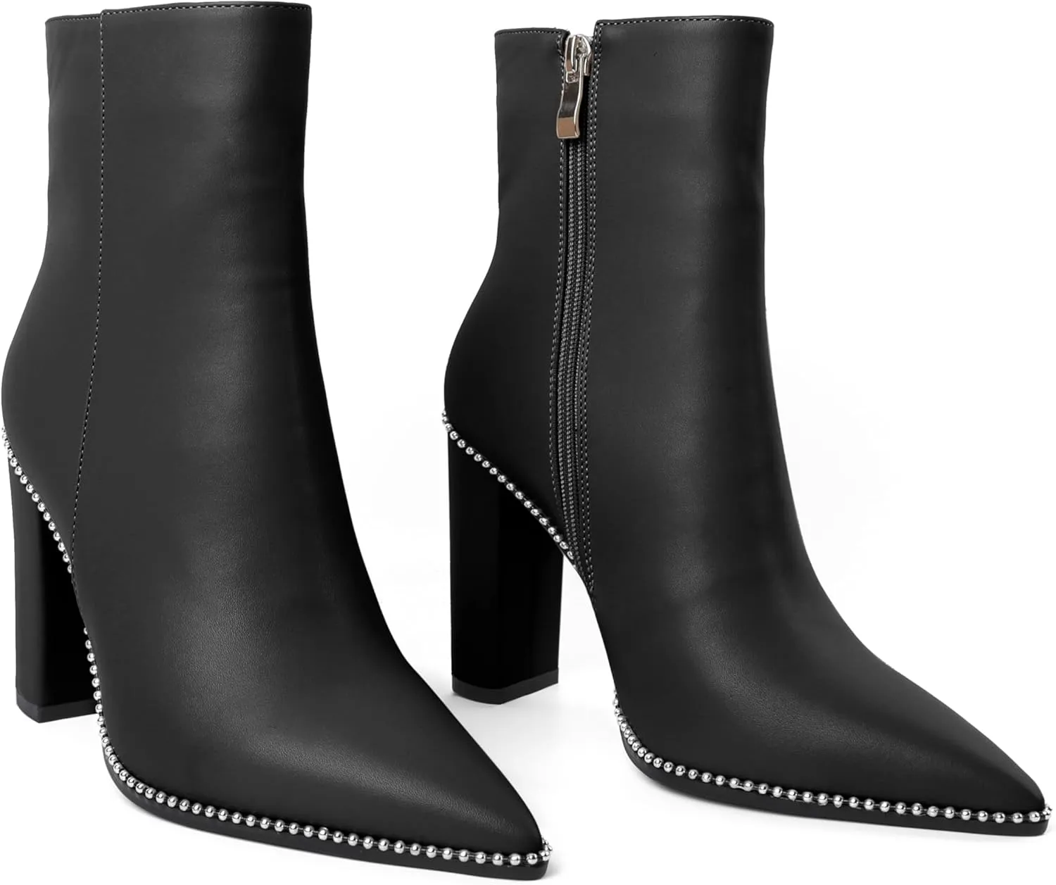 Eldof Womens Pointed Toe Beaded Chunky Ankle Boots Side Zipper 3.5 Inches