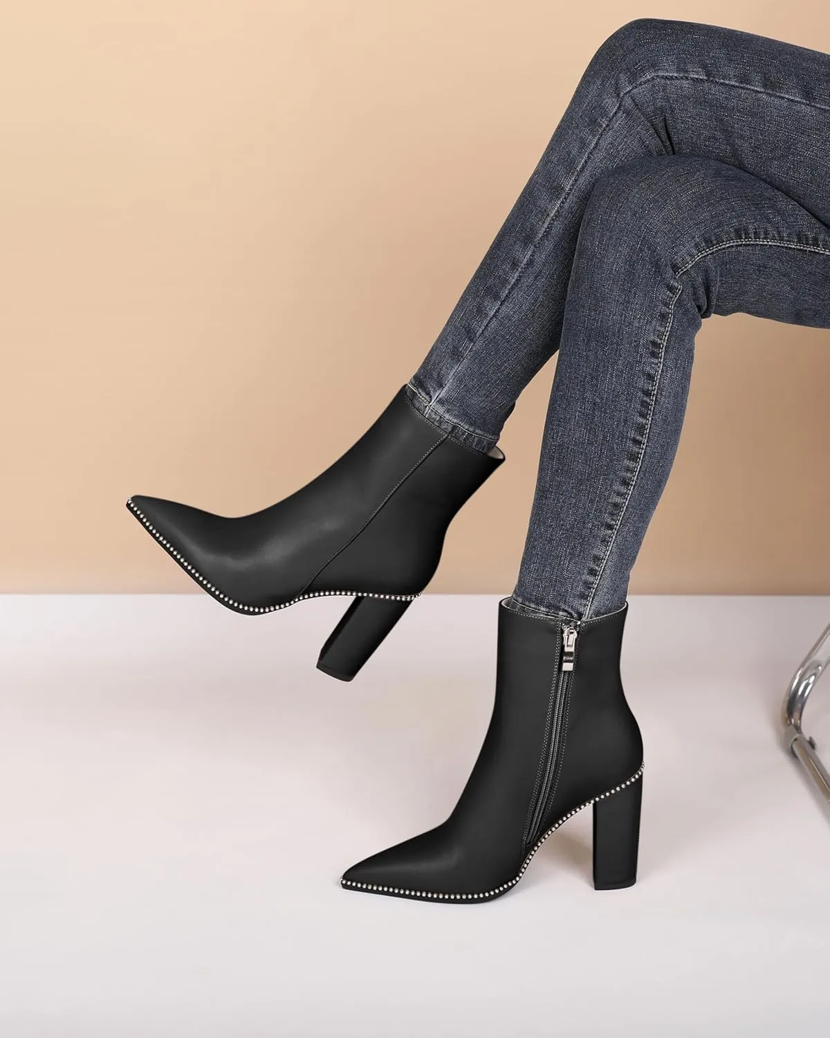 Eldof Womens Pointed Toe Beaded Chunky Ankle Boots Side Zipper 3.5 Inches