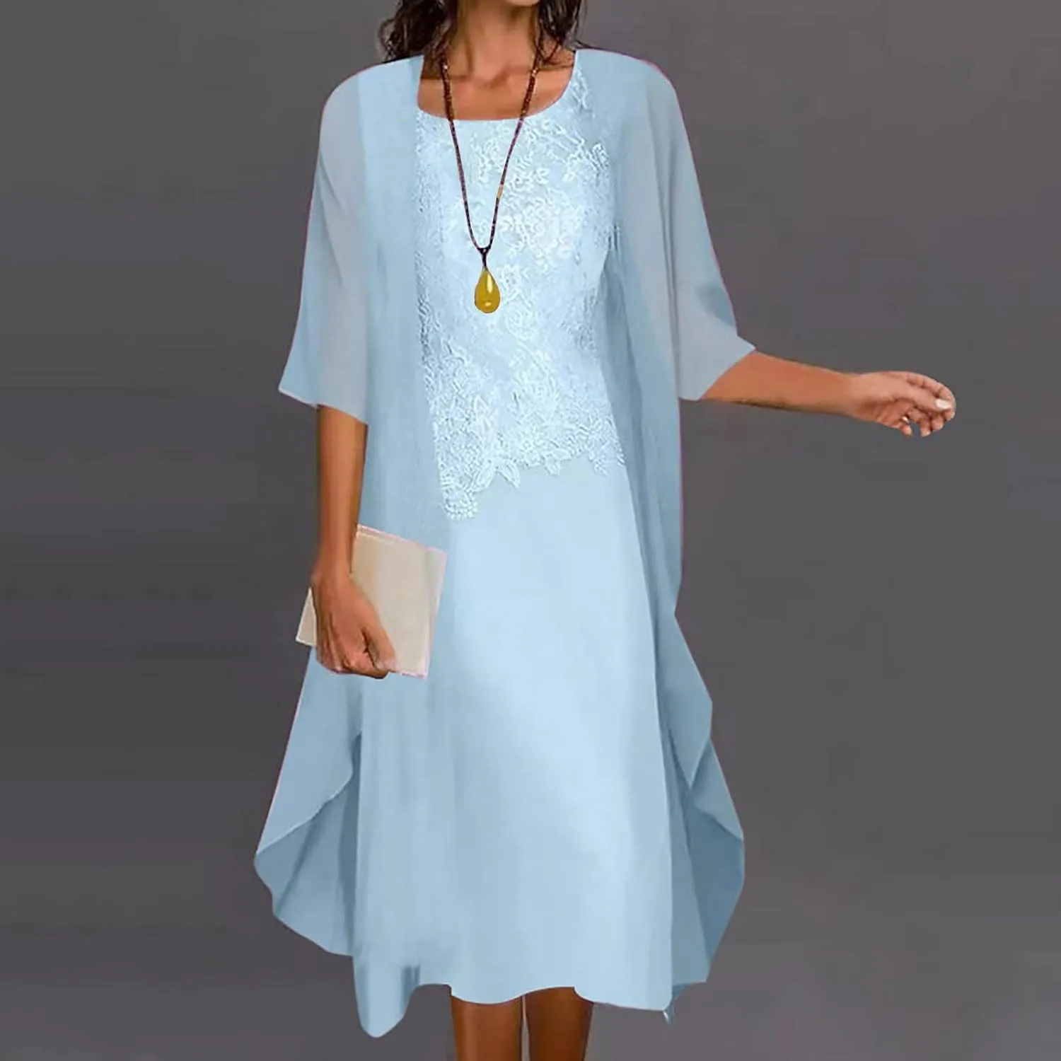 Elegant Dress for Womens Sleeveless Round Neck Printed Chiffon Dress Plus Solid Color Cardigan Two Piece Set Gowns