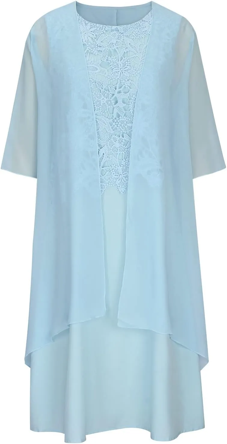 Elegant Dress for Womens Sleeveless Round Neck Printed Chiffon Dress Plus Solid Color Cardigan Two Piece Set Gowns