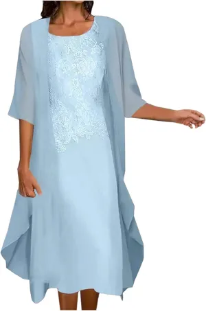 Elegant Dress for Womens Sleeveless Round Neck Printed Chiffon Dress Plus Solid Color Cardigan Two Piece Set Gowns