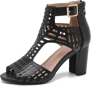 Enelauge Women's Gladiator Sandals Strappy Hollow Out Chunky High Heels Open Toe Ankle Strap Dressy Pumps with Back Zip Cutout Heeled Bohemian Summer Party Sandals
