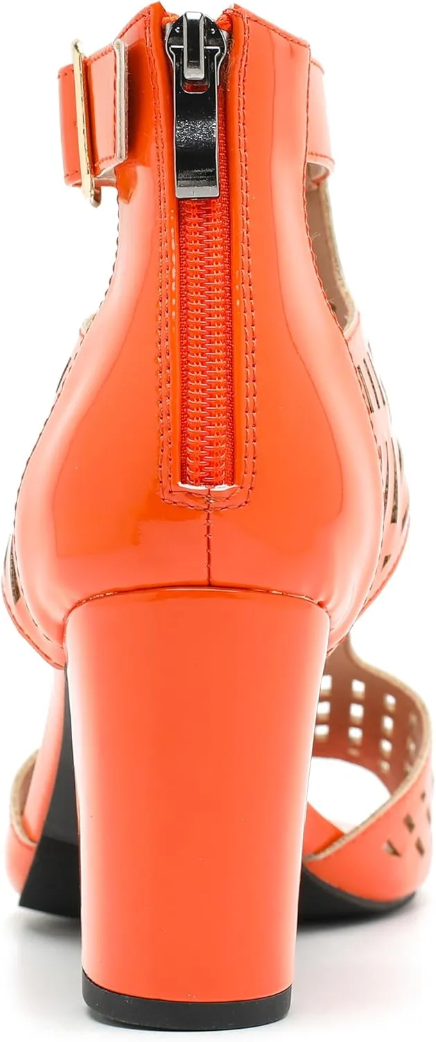 Enelauge Women's Gladiator Sandals Strappy Hollow Out Chunky High Heels Open Toe Ankle Strap Dressy Pumps with Back Zip Cutout Heeled Bohemian Summer Party Sandals