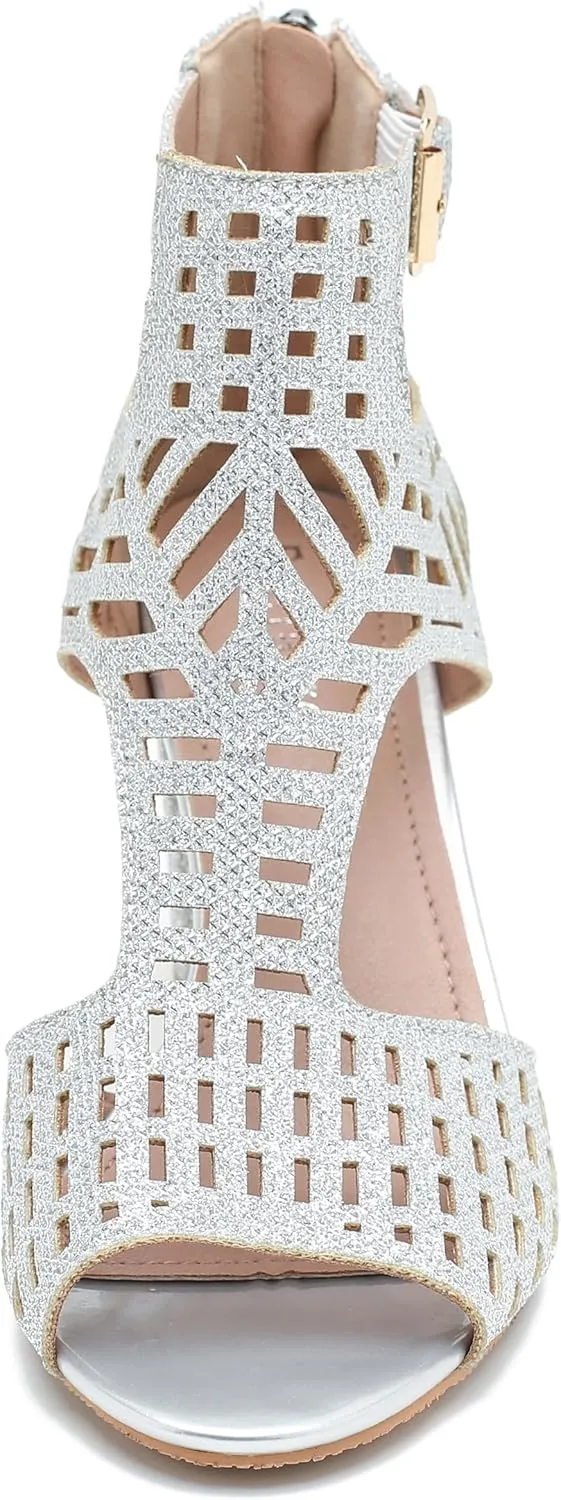 Enelauge Women's Gladiator Sandals Strappy Hollow Out Chunky High Heels Open Toe Ankle Strap Dressy Pumps with Back Zip Cutout Heeled Bohemian Summer Party Sandals