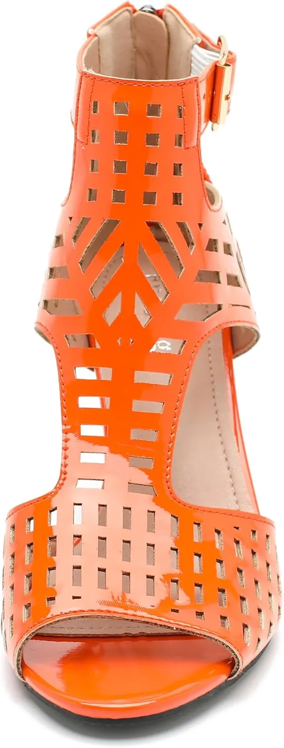 Enelauge Women's Gladiator Sandals Strappy Hollow Out Chunky High Heels Open Toe Ankle Strap Dressy Pumps with Back Zip Cutout Heeled Bohemian Summer Party Sandals