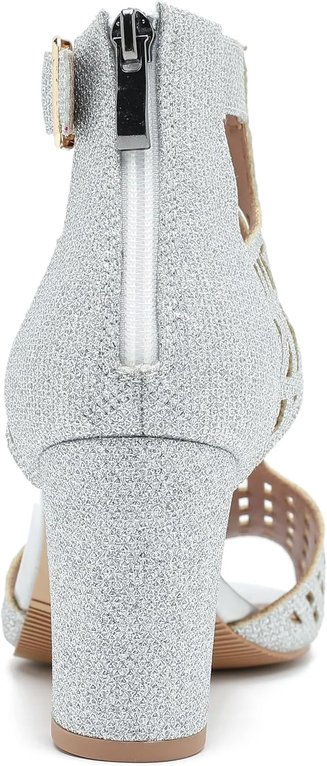 Enelauge Women's Gladiator Sandals Strappy Hollow Out Chunky High Heels Open Toe Ankle Strap Dressy Pumps with Back Zip Cutout Heeled Bohemian Summer Party Sandals