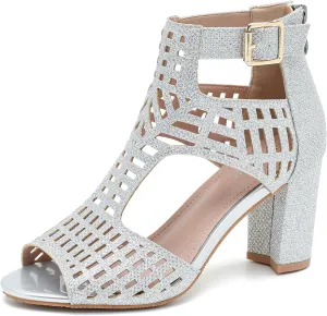 Enelauge Women's Gladiator Sandals Strappy Hollow Out Chunky High Heels Open Toe Ankle Strap Dressy Pumps with Back Zip Cutout Heeled Bohemian Summer Party Sandals