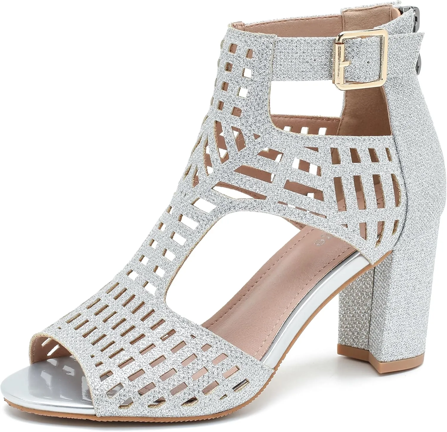 Enelauge Women's Gladiator Sandals Strappy Hollow Out Chunky High Heels Open Toe Ankle Strap Dressy Pumps with Back Zip Cutout Heeled Bohemian Summer Party Sandals