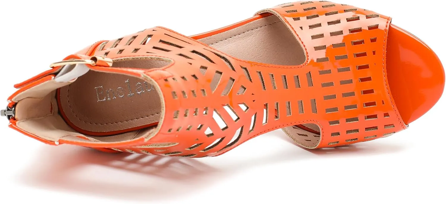 Enelauge Women's Gladiator Sandals Strappy Hollow Out Chunky High Heels Open Toe Ankle Strap Dressy Pumps with Back Zip Cutout Heeled Bohemian Summer Party Sandals