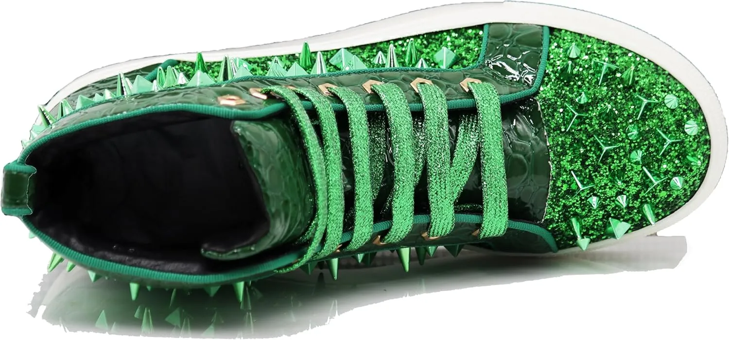 Enzo Romeo Men's High Top Crystal Shimmer Rhinestone Blink Flat Spike Fashion Sneakers Shoes BUL2