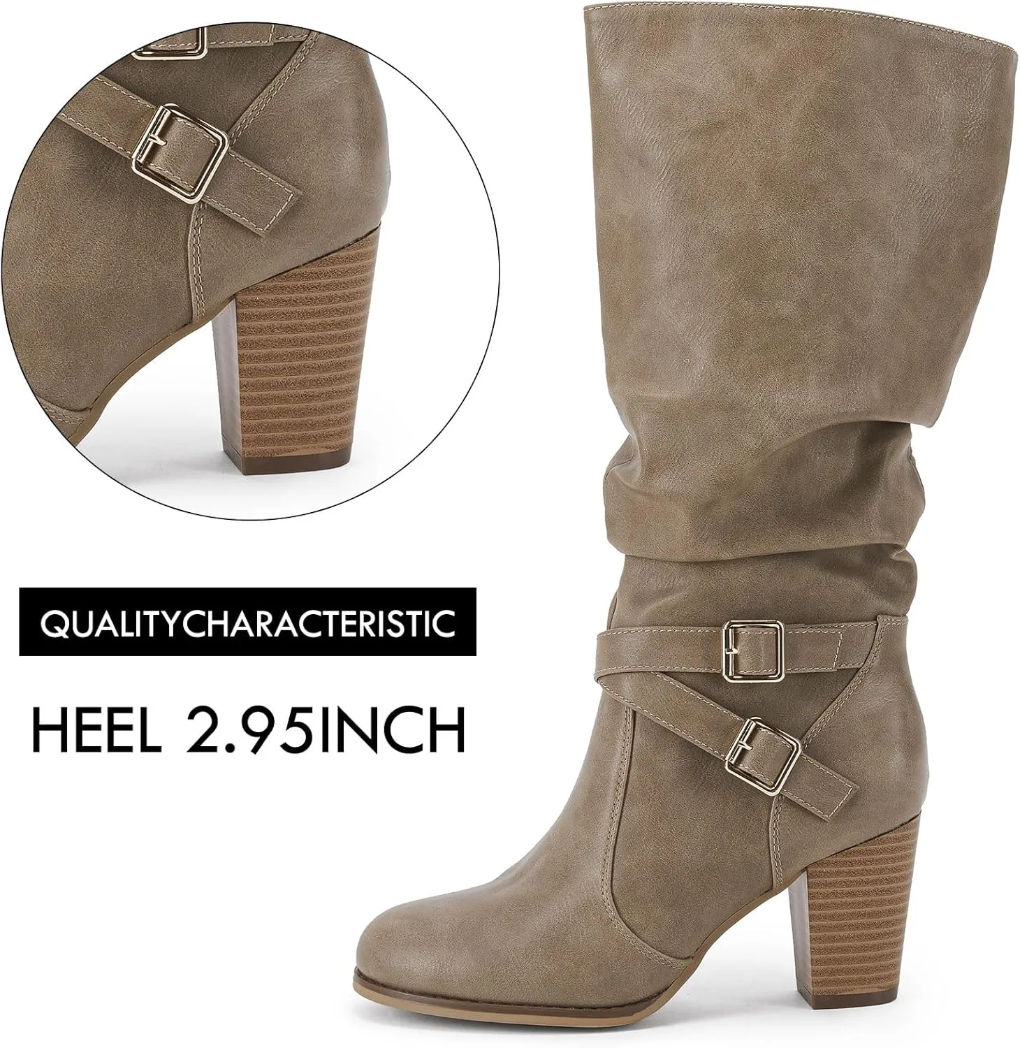 Ermonn Womens Mid Knee High Boots Chunky Heel Slouchy Metal Buckle Side Zipper Fashion Winter Shoes