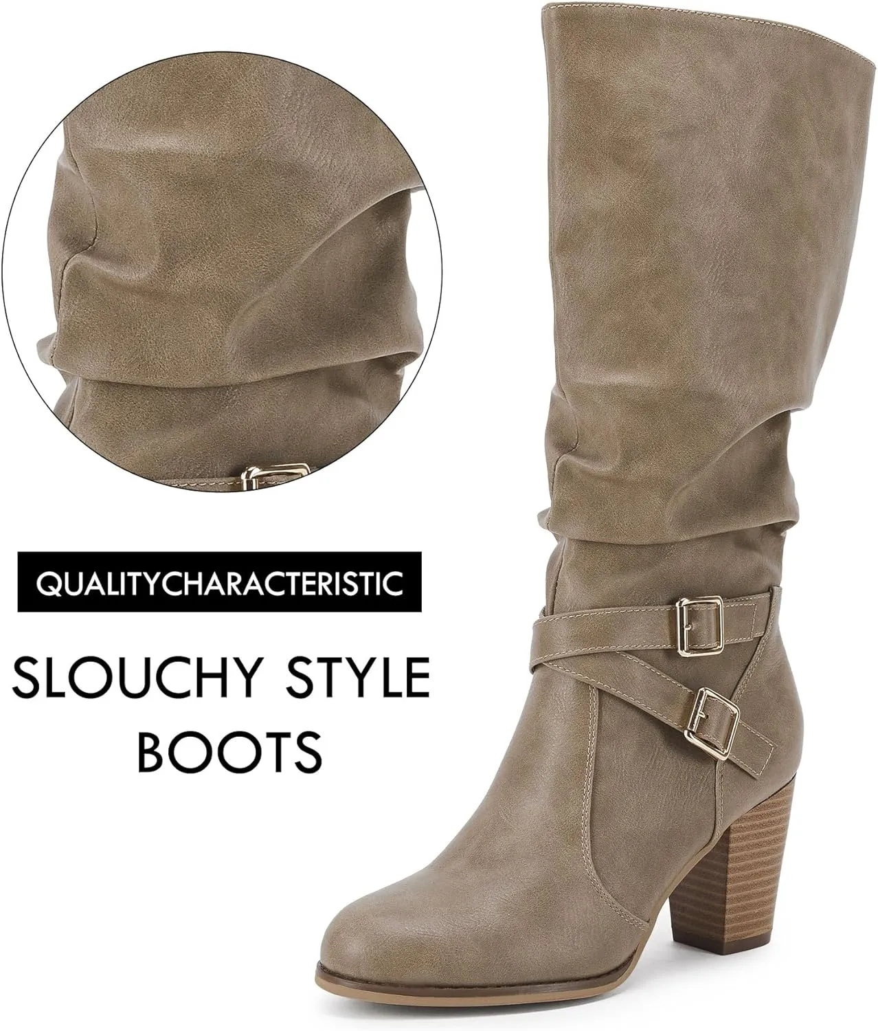 Ermonn Womens Mid Knee High Boots Chunky Heel Slouchy Metal Buckle Side Zipper Fashion Winter Shoes