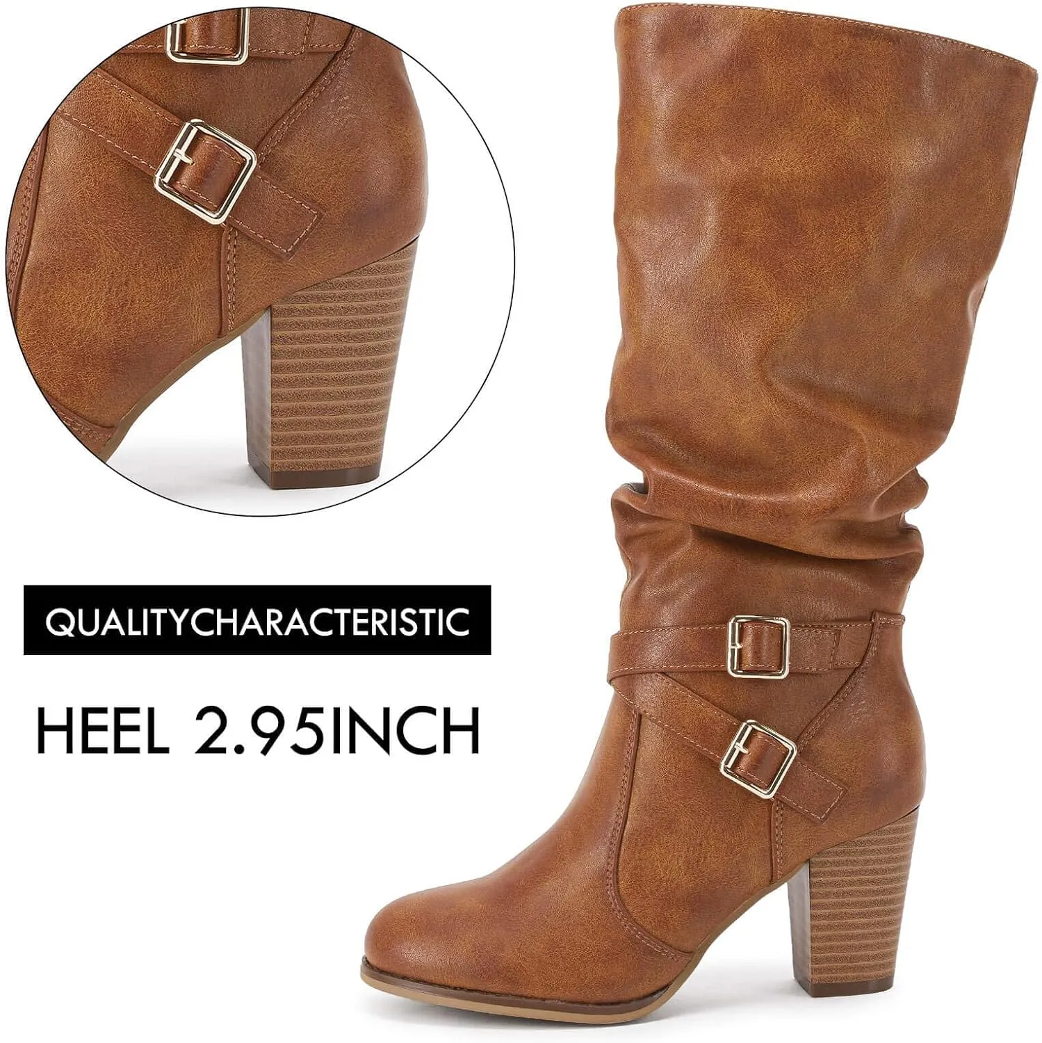 Ermonn Womens Mid Knee High Boots Chunky Heel Slouchy Metal Buckle Side Zipper Fashion Winter Shoes