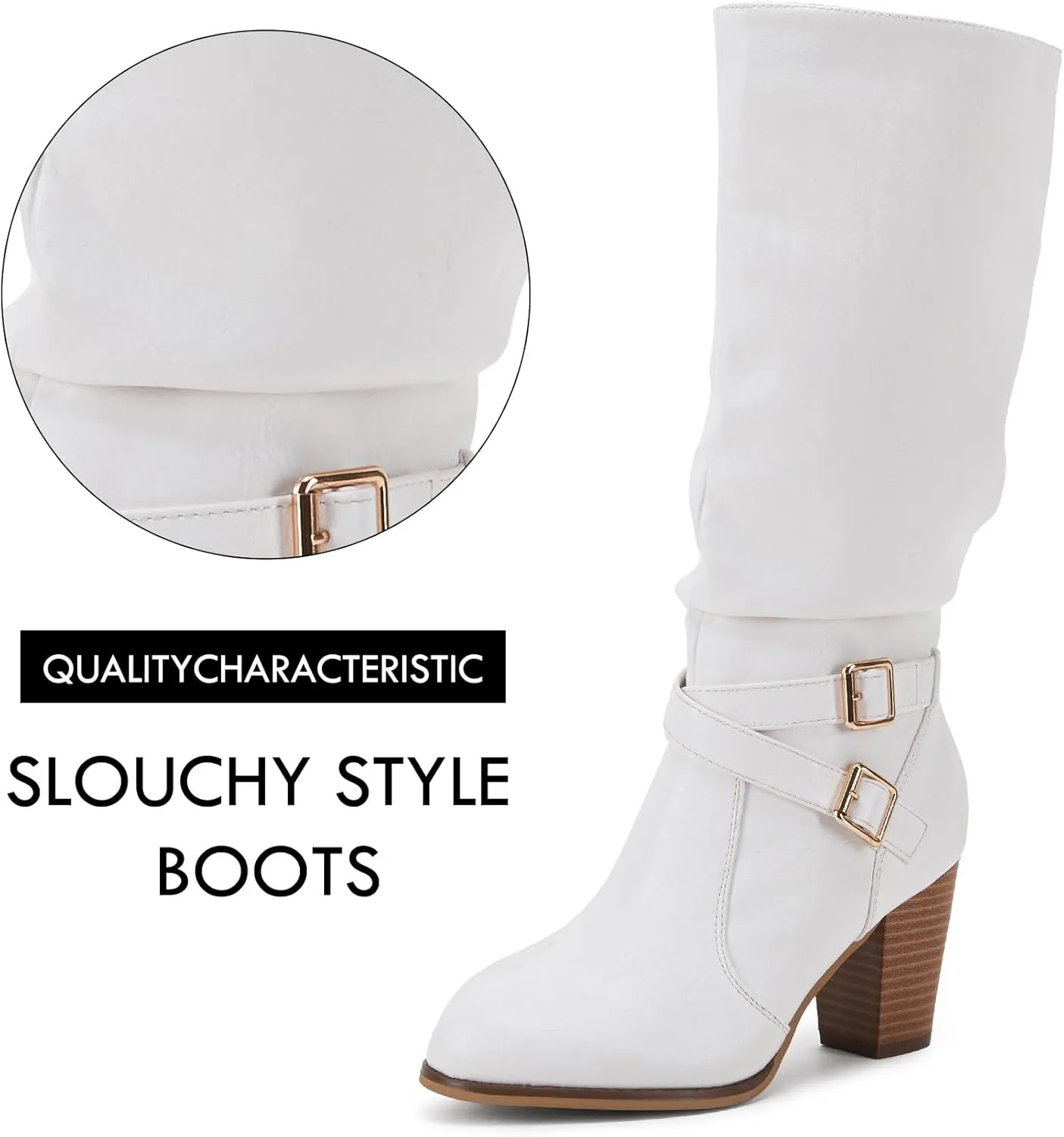 Ermonn Womens Mid Knee High Boots Chunky Heel Slouchy Metal Buckle Side Zipper Fashion Winter Shoes