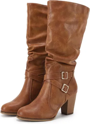 Ermonn Womens Mid Knee High Boots Chunky Heel Slouchy Metal Buckle Side Zipper Fashion Winter Shoes