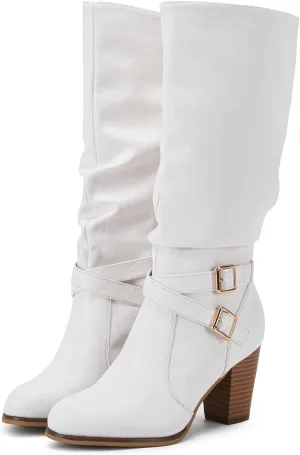 Ermonn Womens Mid Knee High Boots Chunky Heel Slouchy Metal Buckle Side Zipper Fashion Winter Shoes