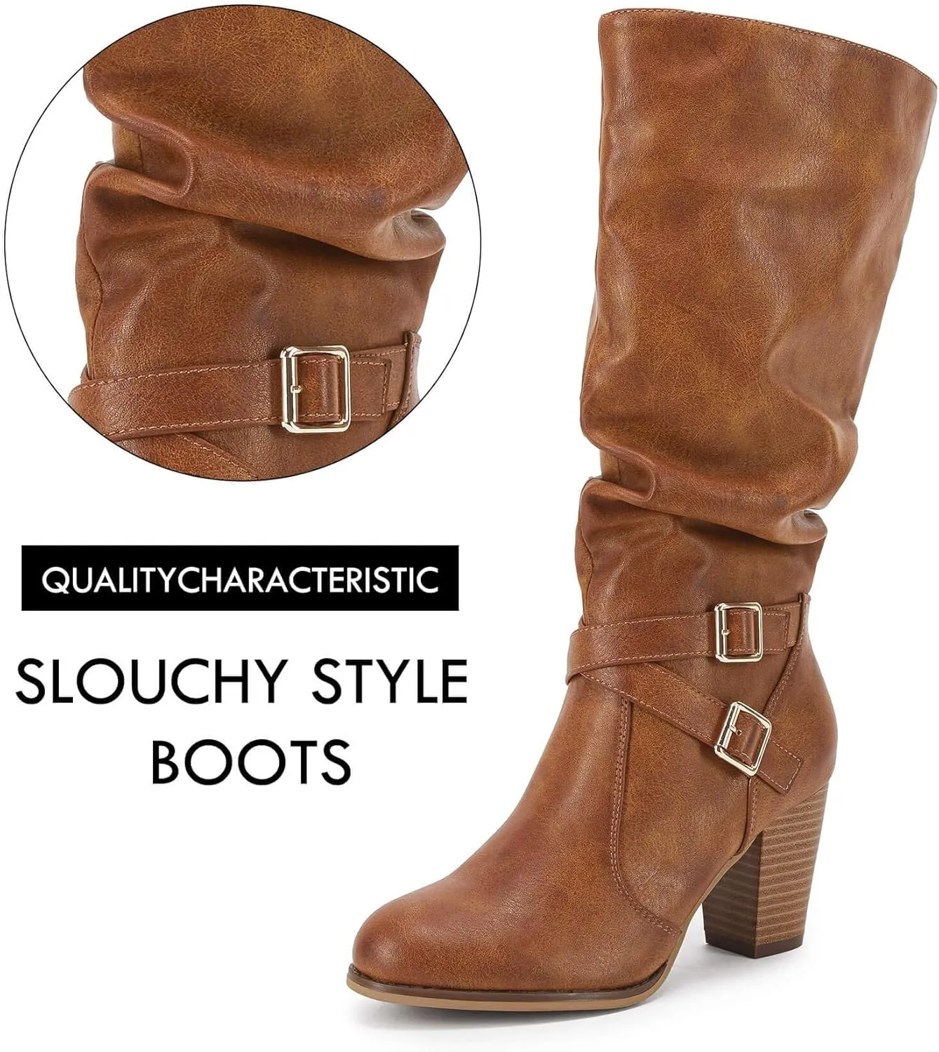 Ermonn Womens Mid Knee High Boots Chunky Heel Slouchy Metal Buckle Side Zipper Fashion Winter Shoes