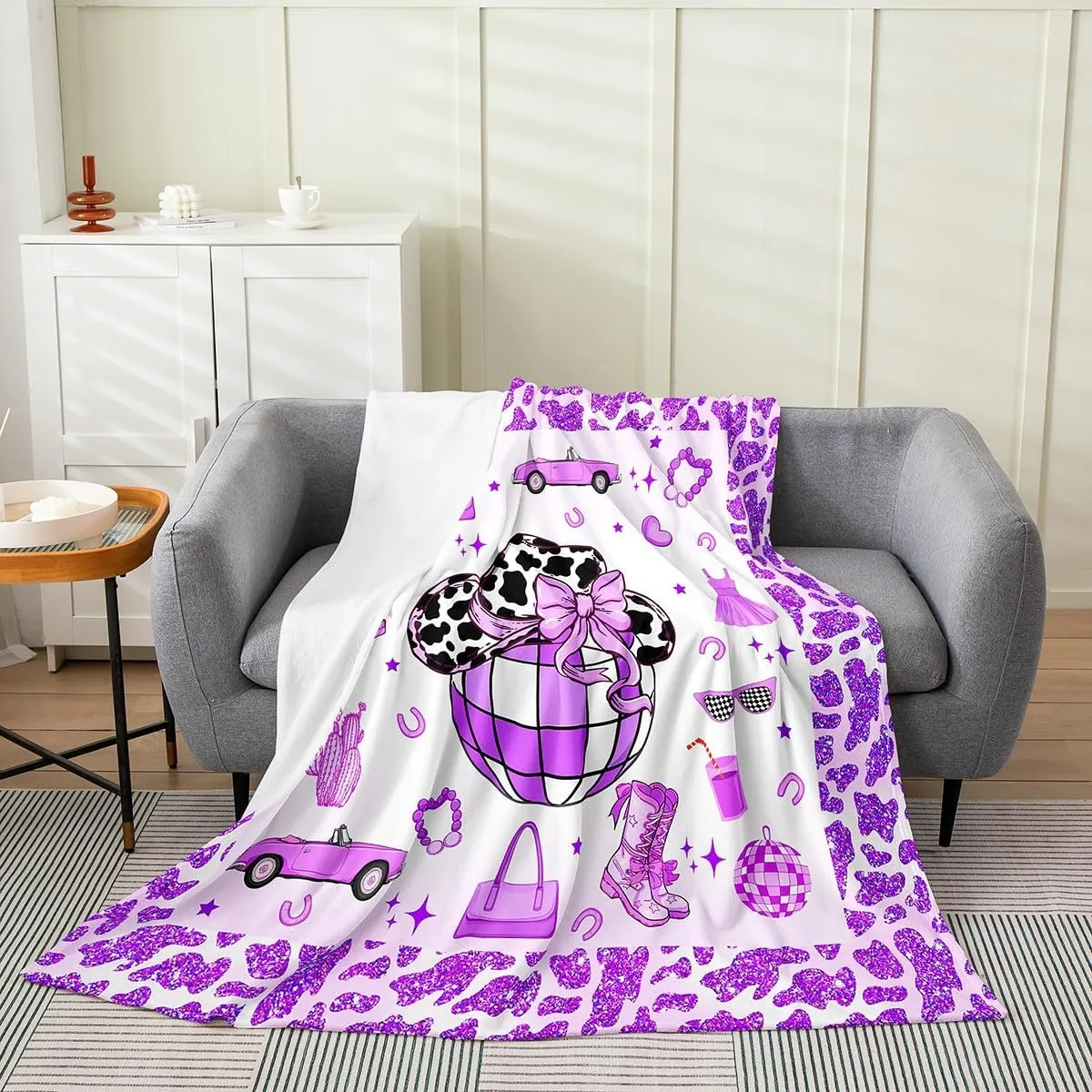 Erosebridal Cowgirl Throw Blanket Throw 50x60 Inch for Bedroom Living Room Sofa,Cow Pattern Hat Fleece Blanket,Western Cowboy Flannel Blankets,Purple Stars Boots Bed Blankets