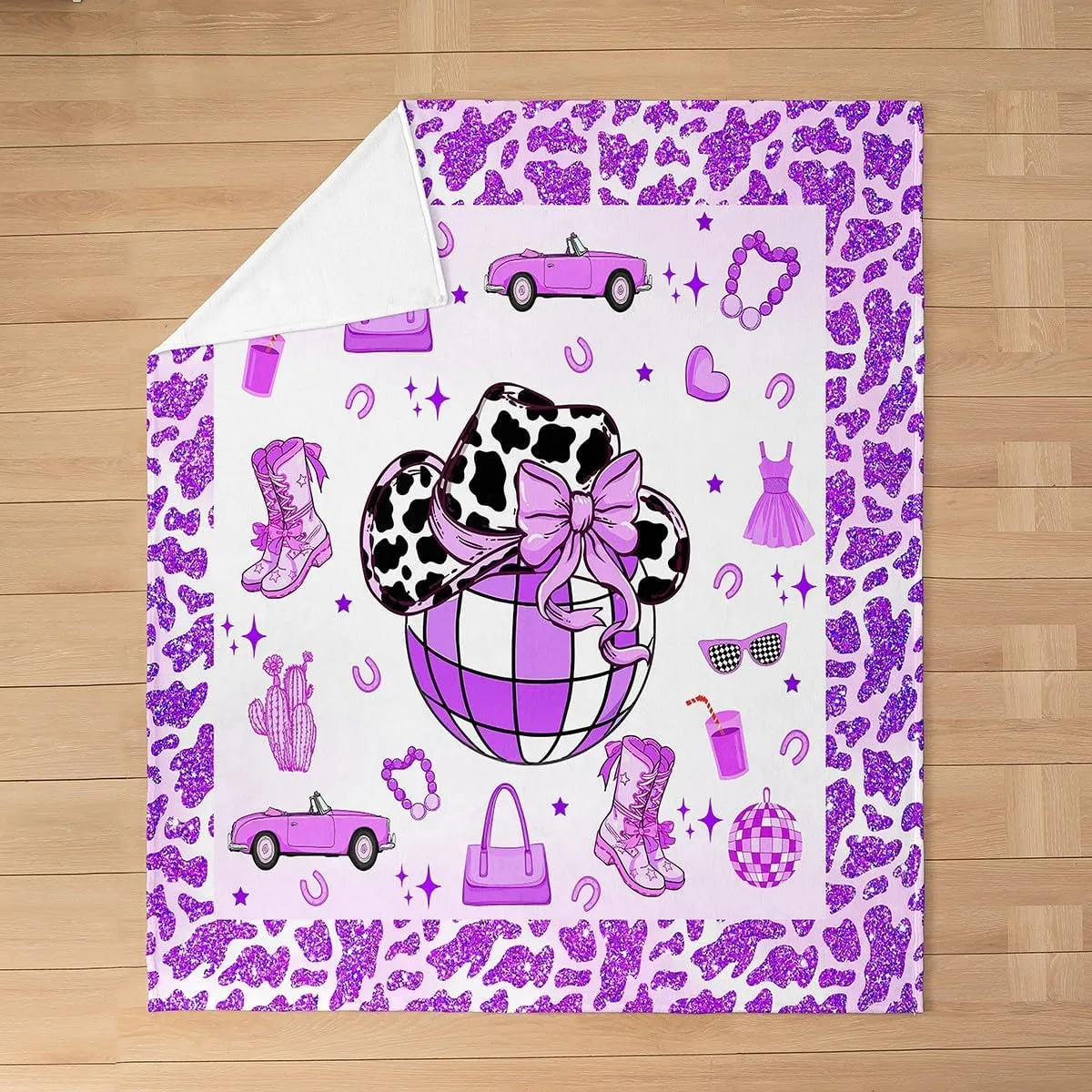 Erosebridal Cowgirl Throw Blanket Throw 50x60 Inch for Bedroom Living Room Sofa,Cow Pattern Hat Fleece Blanket,Western Cowboy Flannel Blankets,Purple Stars Boots Bed Blankets