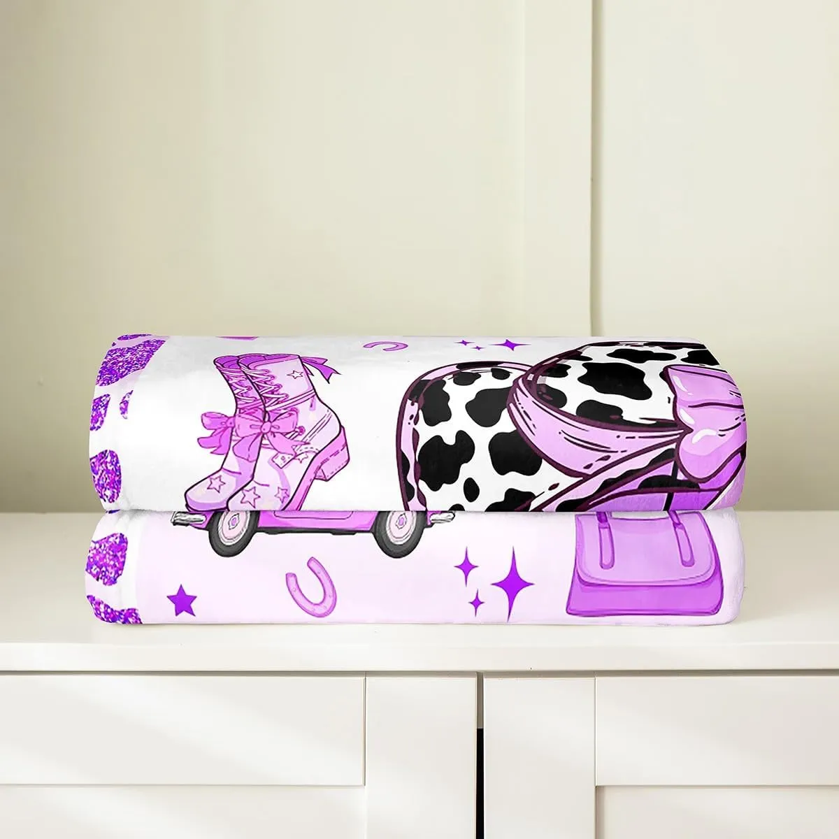 Erosebridal Cowgirl Throw Blanket Throw 50x60 Inch for Bedroom Living Room Sofa,Cow Pattern Hat Fleece Blanket,Western Cowboy Flannel Blankets,Purple Stars Boots Bed Blankets