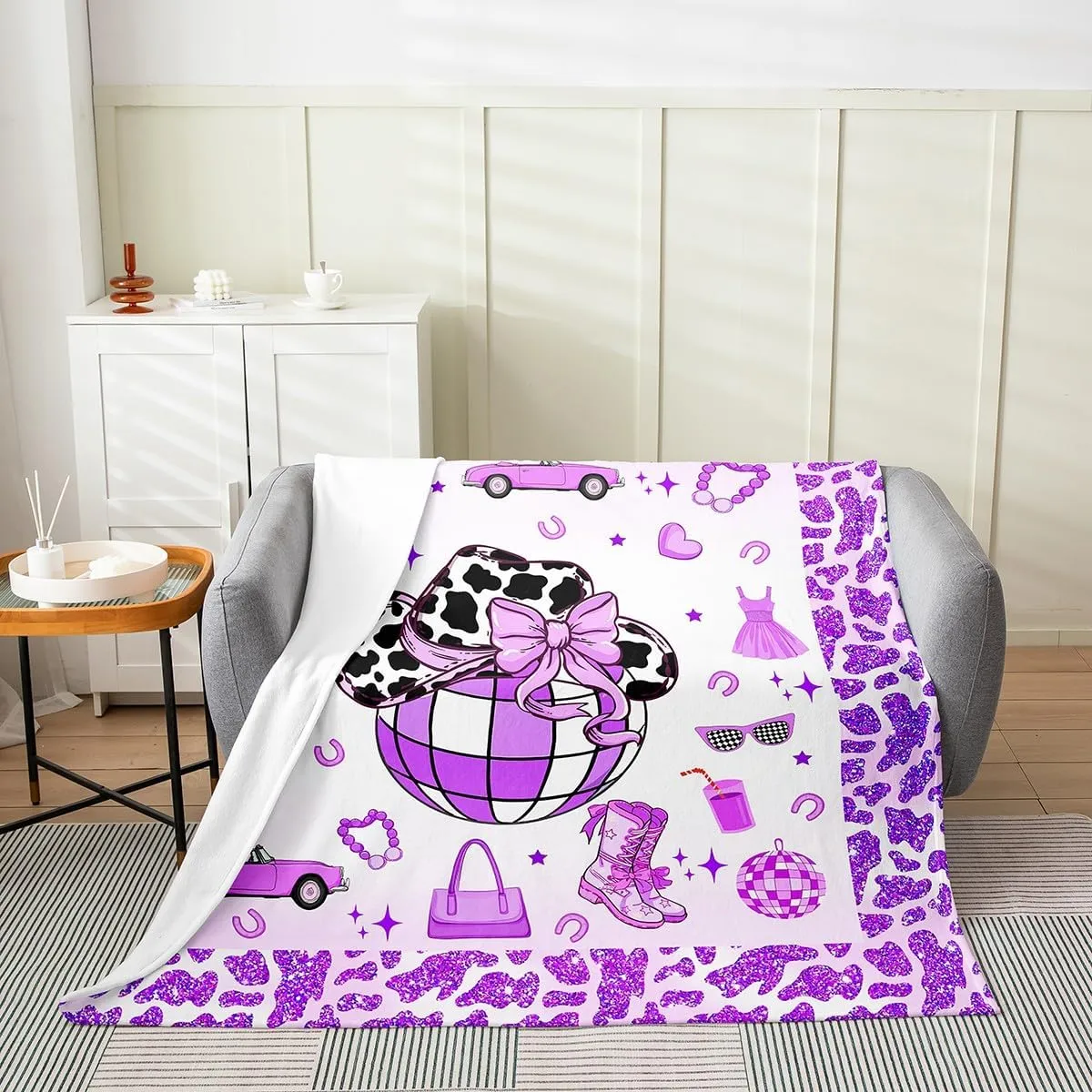 Erosebridal Cowgirl Throw Blanket Throw 50x60 Inch for Bedroom Living Room Sofa,Cow Pattern Hat Fleece Blanket,Western Cowboy Flannel Blankets,Purple Stars Boots Bed Blankets