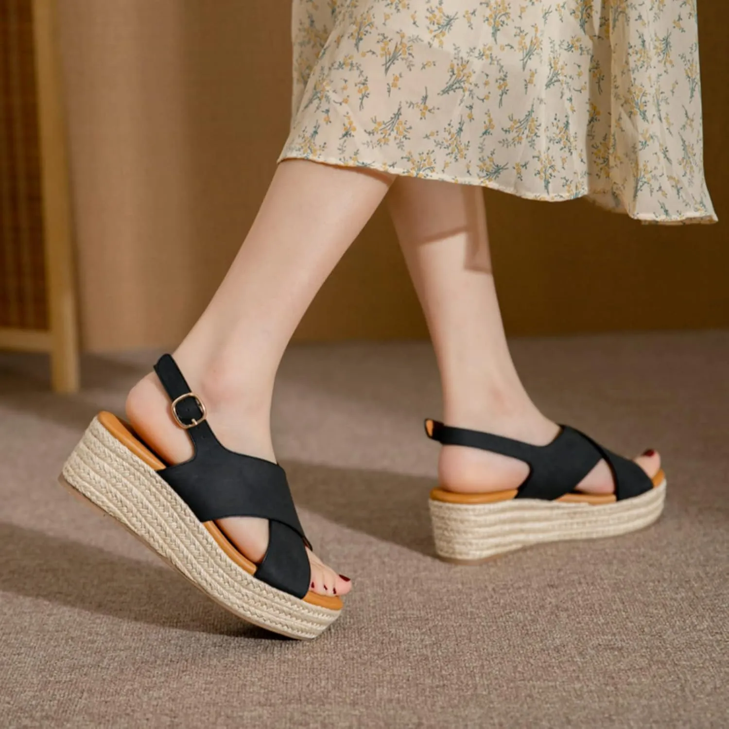 Espadrilles Wedges for Women Wedge Heels Sandals Buckle Ankle Strap Open Toe Chunky Platform Sandals Dressy Casual Low Heel Espadrilles