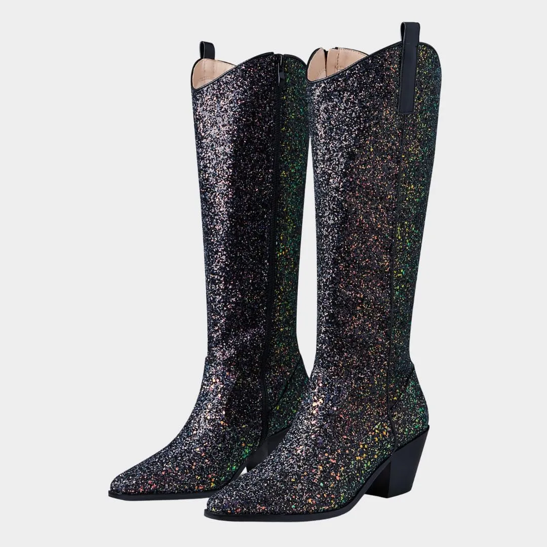Eteridrey Cowboy Boots for Women Pointed Toe Western Cowgirl Boots Chunky High Heel Glitter Boots for Prom Sparkly Knee High Boots