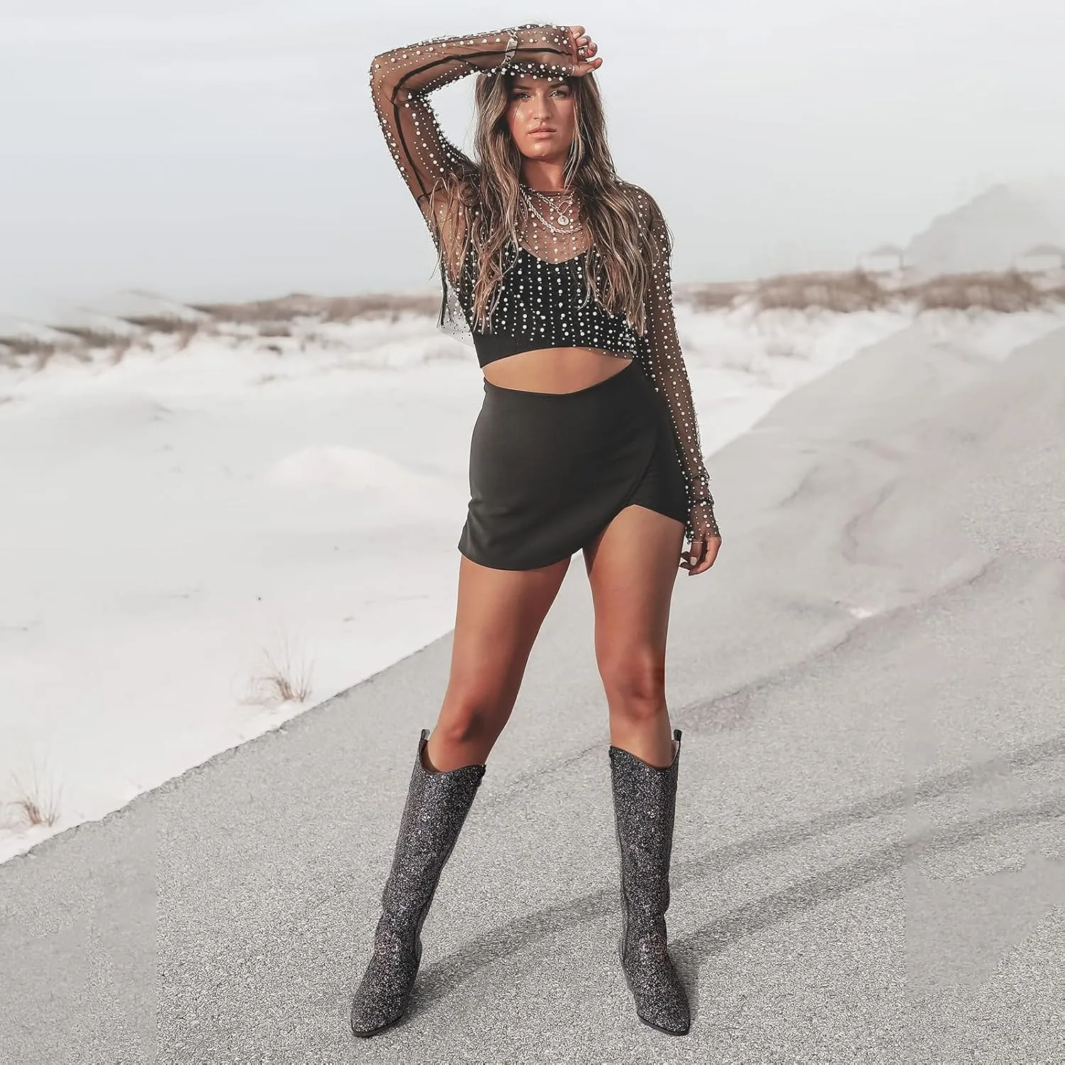 Eteridrey Cowboy Boots for Women Pointed Toe Western Cowgirl Boots Chunky High Heel Glitter Boots for Prom Sparkly Knee High Boots