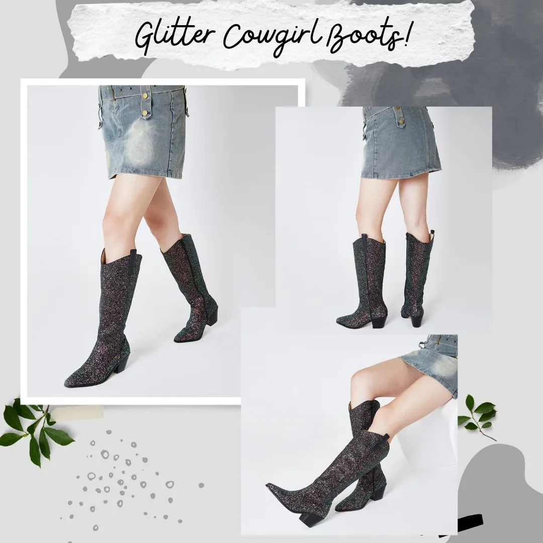 Eteridrey Cowboy Boots for Women Pointed Toe Western Cowgirl Boots Chunky High Heel Glitter Boots for Prom Sparkly Knee High Boots