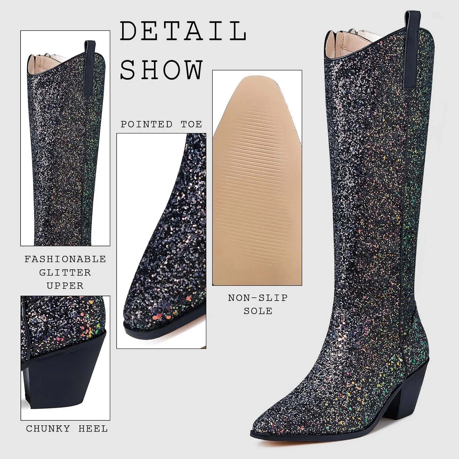 Eteridrey Cowboy Boots for Women Pointed Toe Western Cowgirl Boots Chunky High Heel Glitter Boots for Prom Sparkly Knee High Boots