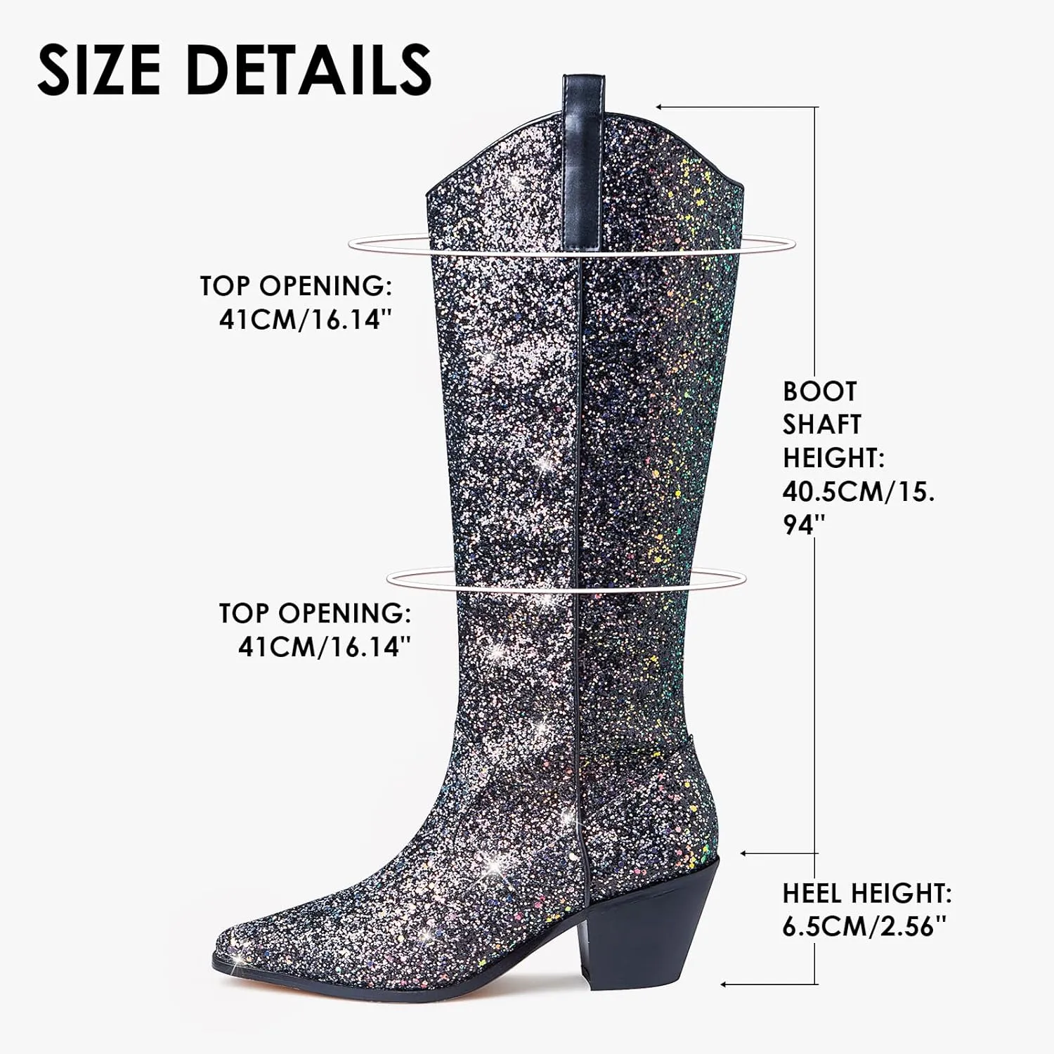 Eteridrey Cowboy Boots for Women Pointed Toe Western Cowgirl Boots Chunky High Heel Glitter Boots for Prom Sparkly Knee High Boots