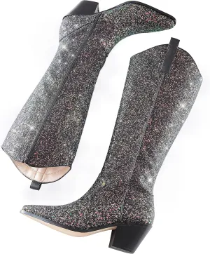 Eteridrey Cowboy Boots for Women Pointed Toe Western Cowgirl Boots Chunky High Heel Glitter Boots for Prom Sparkly Knee High Boots