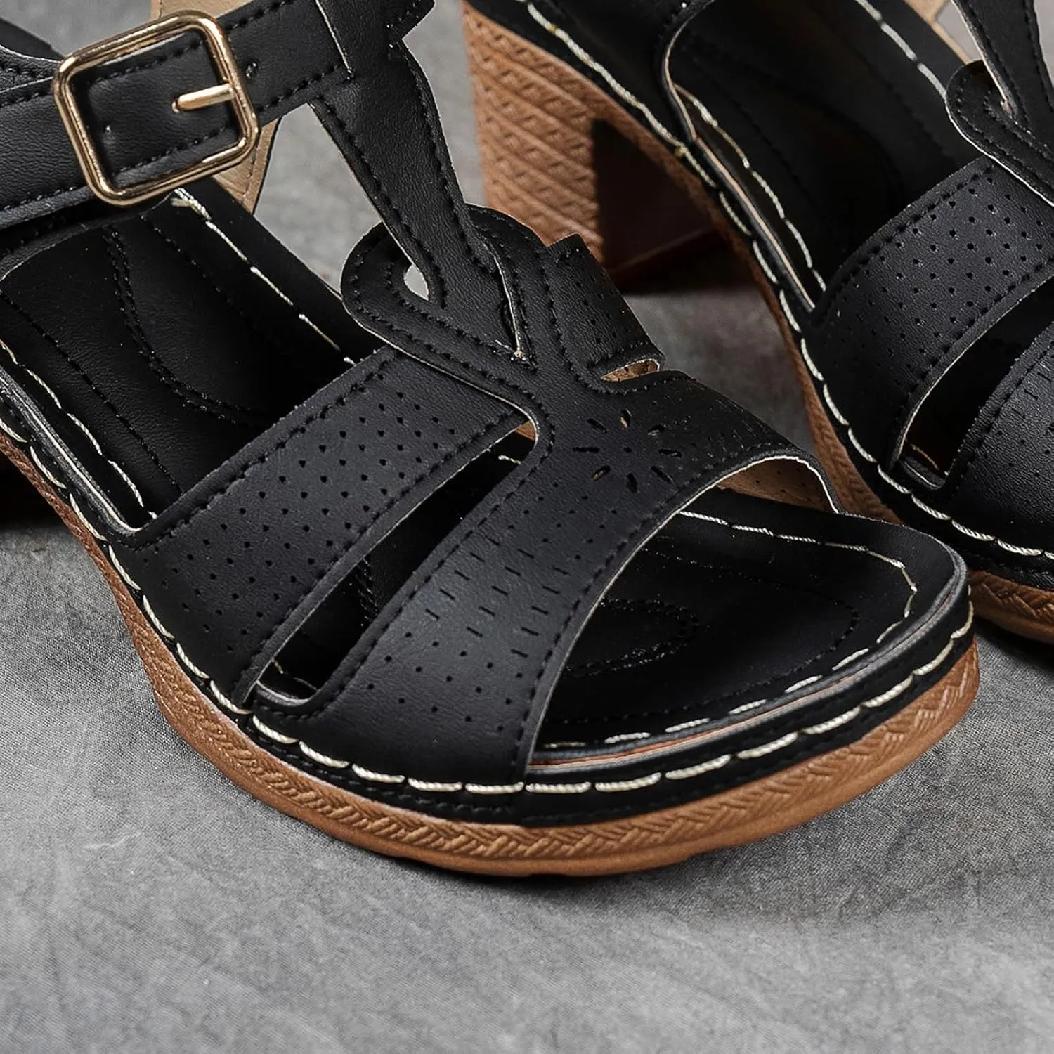 Fashion Casual Women's Shoes Thick Heels And Thick Soles Retro Fish Mouth Hollow Straps Cute Tan Sandals for Women