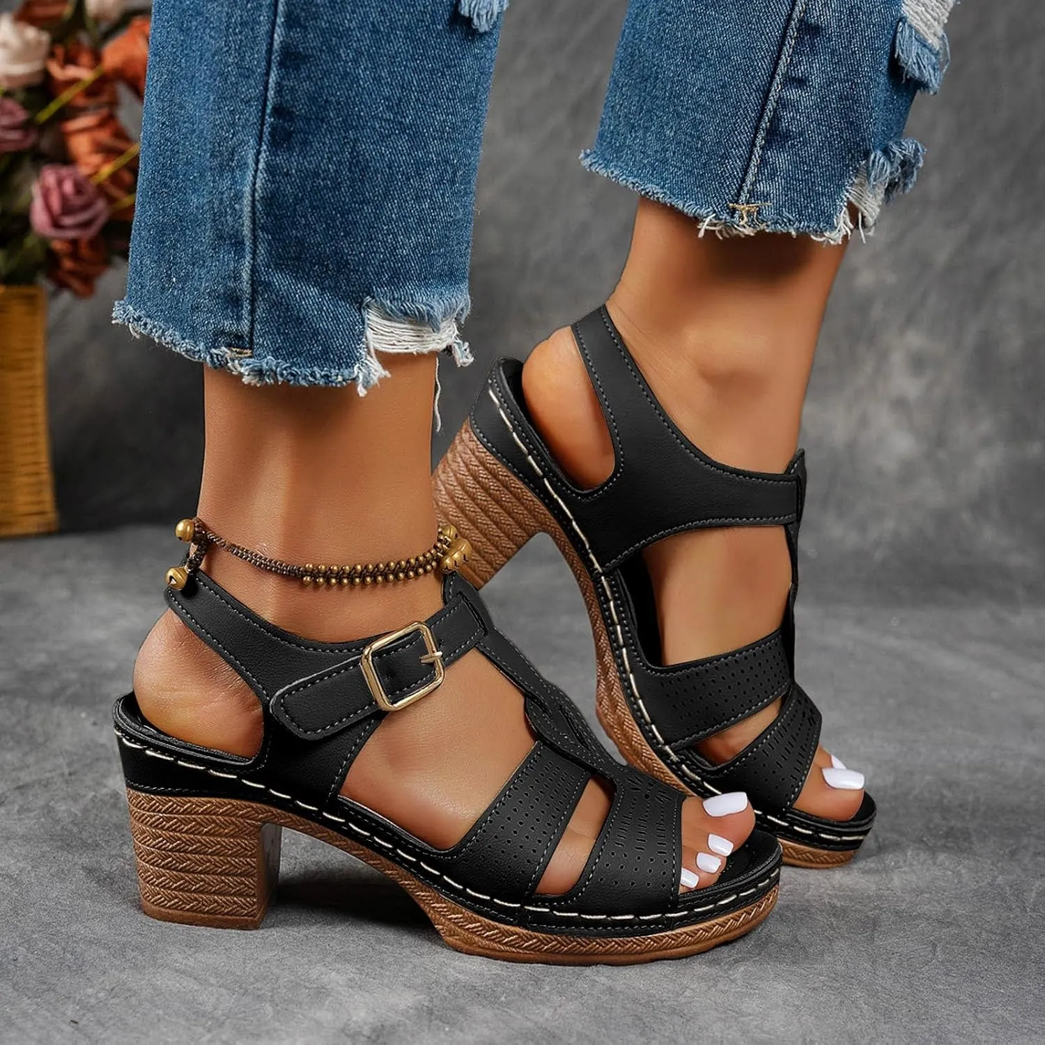 Fashion Casual Women's Shoes Thick Heels And Thick Soles Retro Fish Mouth Hollow Straps Cute Tan Sandals for Women