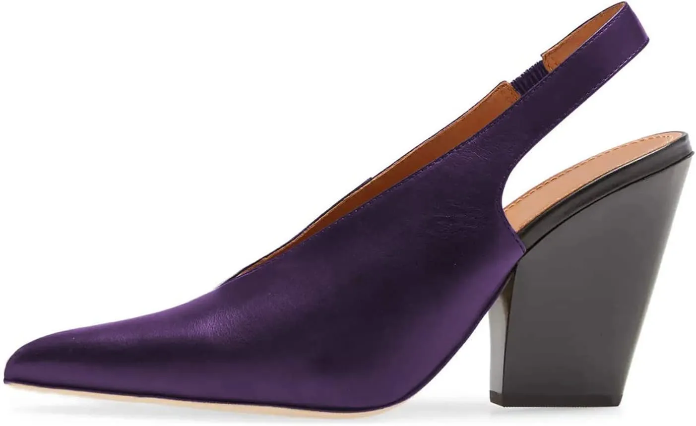 Fashion V-Cut Slingback Pumps for Women 3 Inch Heel Elegant Pointy Toe Backless Block High Heels Comfort Elastic Slip on Casual Mules Shoes, US Size 4-16 M