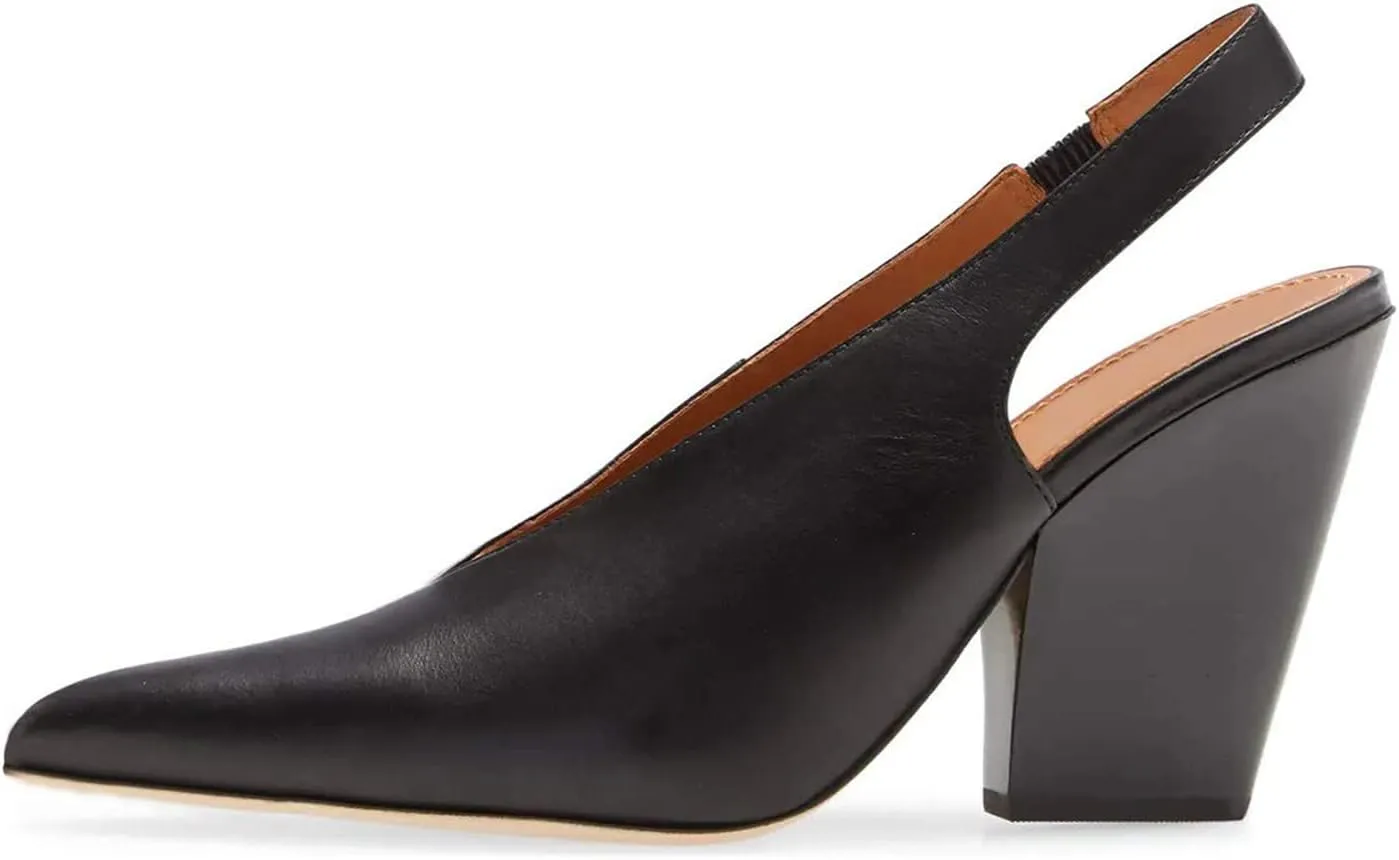 Fashion V-Cut Slingback Pumps for Women 3 Inch Heel Elegant Pointy Toe Backless Block High Heels Comfort Elastic Slip on Casual Mules Shoes, US Size 4-16 M