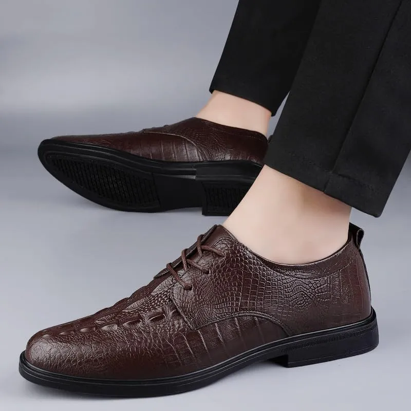 Fashionable Round Toe Crocodile Pattern Oxford Shoes Classic Lace-up Low Top Non Slip Loafers Men Comfy Leather Shoes for Working Walking Driving