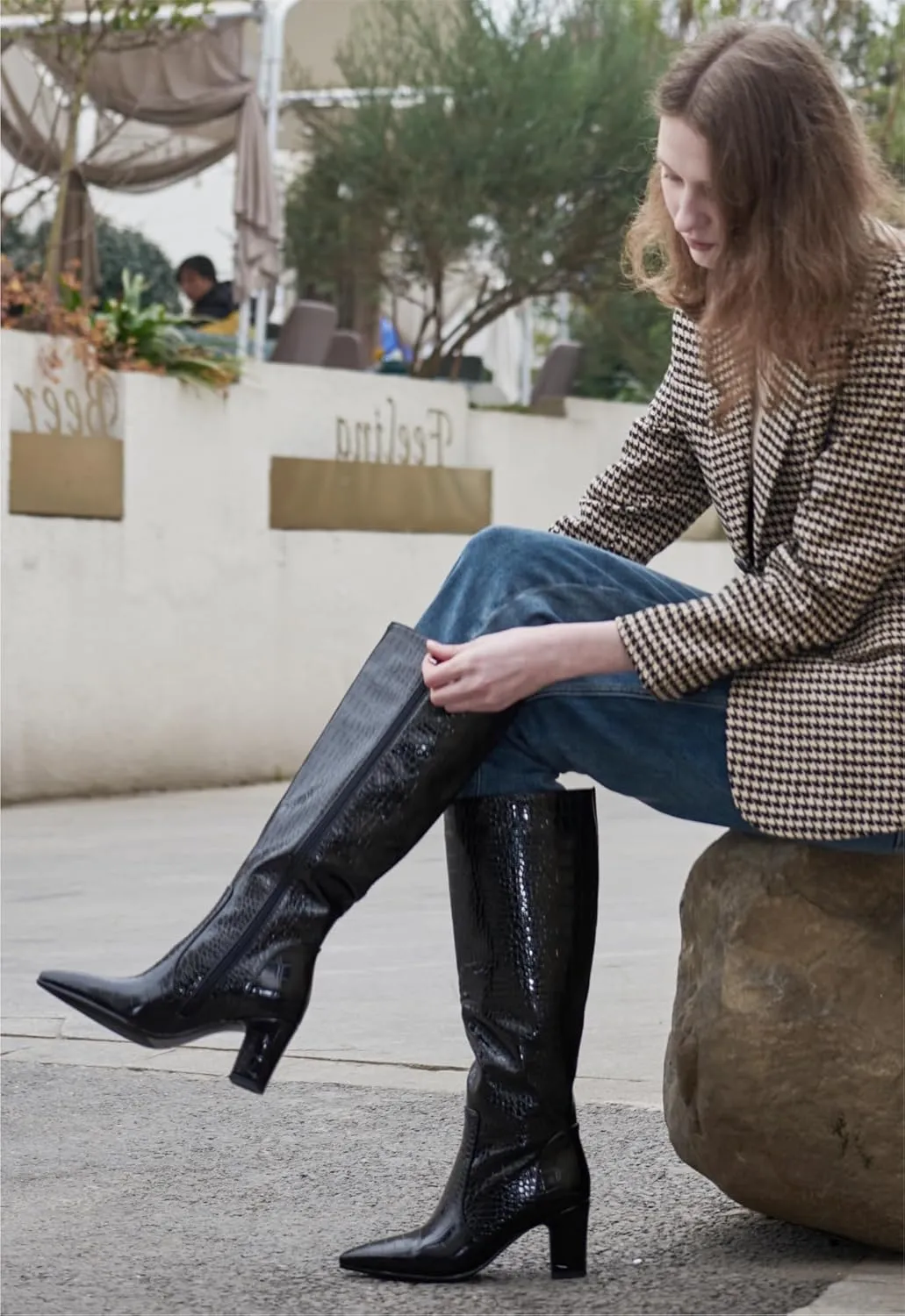 Faux Crocodile Leather Women's Knee High Boots 3.2 Inches Wide Calf Block Heel Pointed Toe with Side Zipper Tall Fall Boots Sparkly Metallic Boots