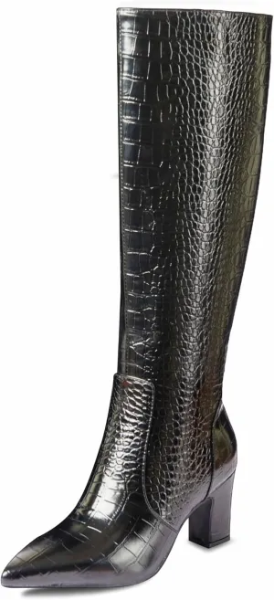 Faux Crocodile Leather Women's Knee High Boots 3.2 Inches Wide Calf Block Heel Pointed Toe with Side Zipper Tall Fall Boots Sparkly Metallic Boots