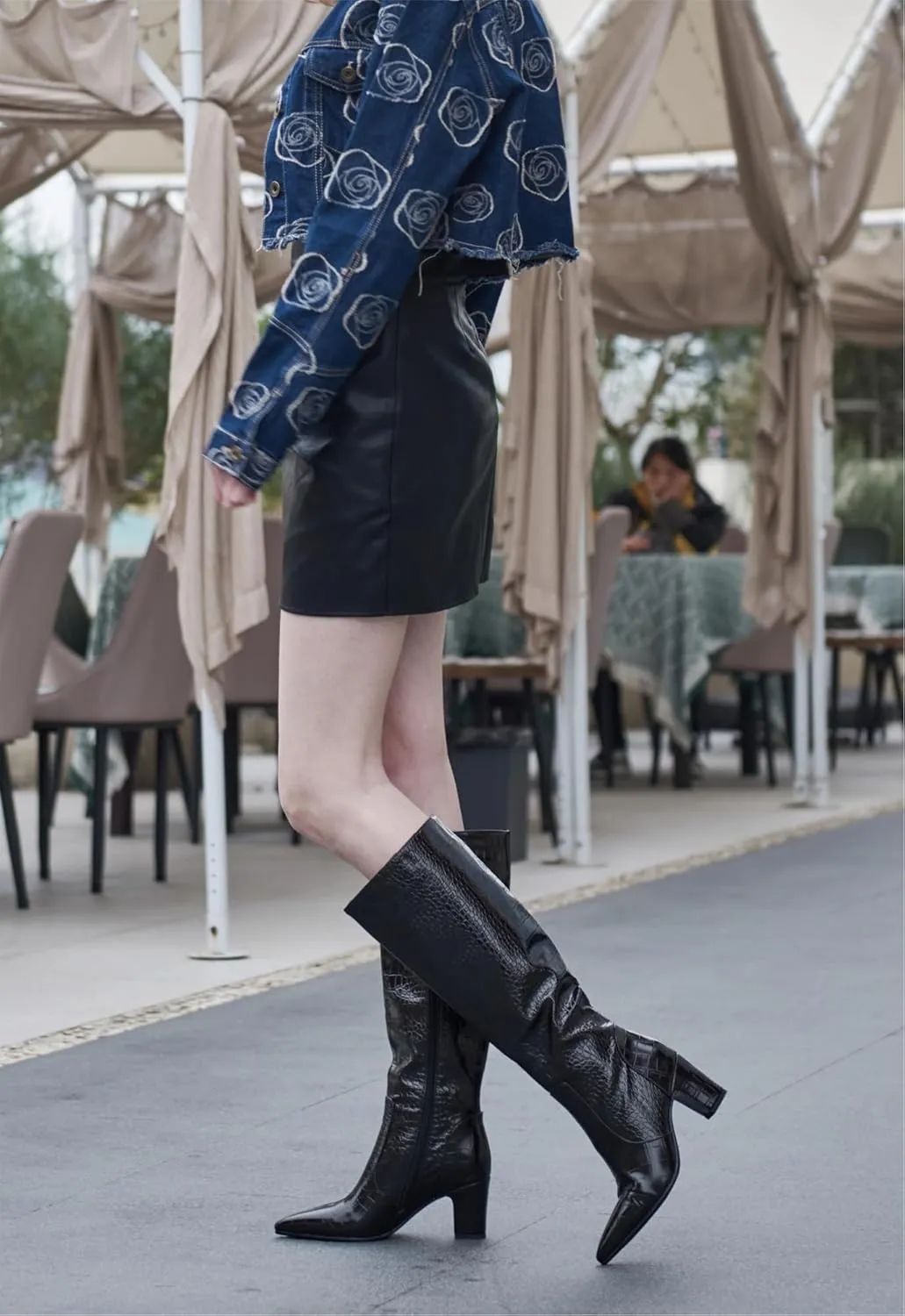 Faux Crocodile Leather Women's Knee High Boots 3.2 Inches Wide Calf Block Heel Pointed Toe with Side Zipper Tall Fall Boots Sparkly Metallic Boots