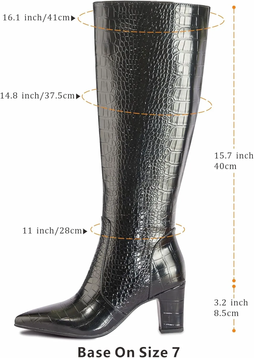 Faux Crocodile Leather Women's Knee High Boots 3.2 Inches Wide Calf Block Heel Pointed Toe with Side Zipper Tall Fall Boots Sparkly Metallic Boots