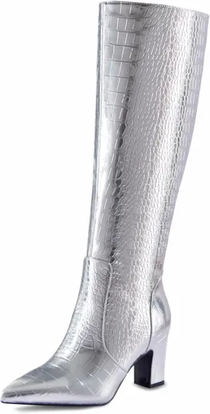 Faux Crocodile Leather Women's Knee High Boots 3.2 Inches Wide Calf Block Heel Pointed Toe with Side Zipper Tall Fall Boots Sparkly Metallic Boots