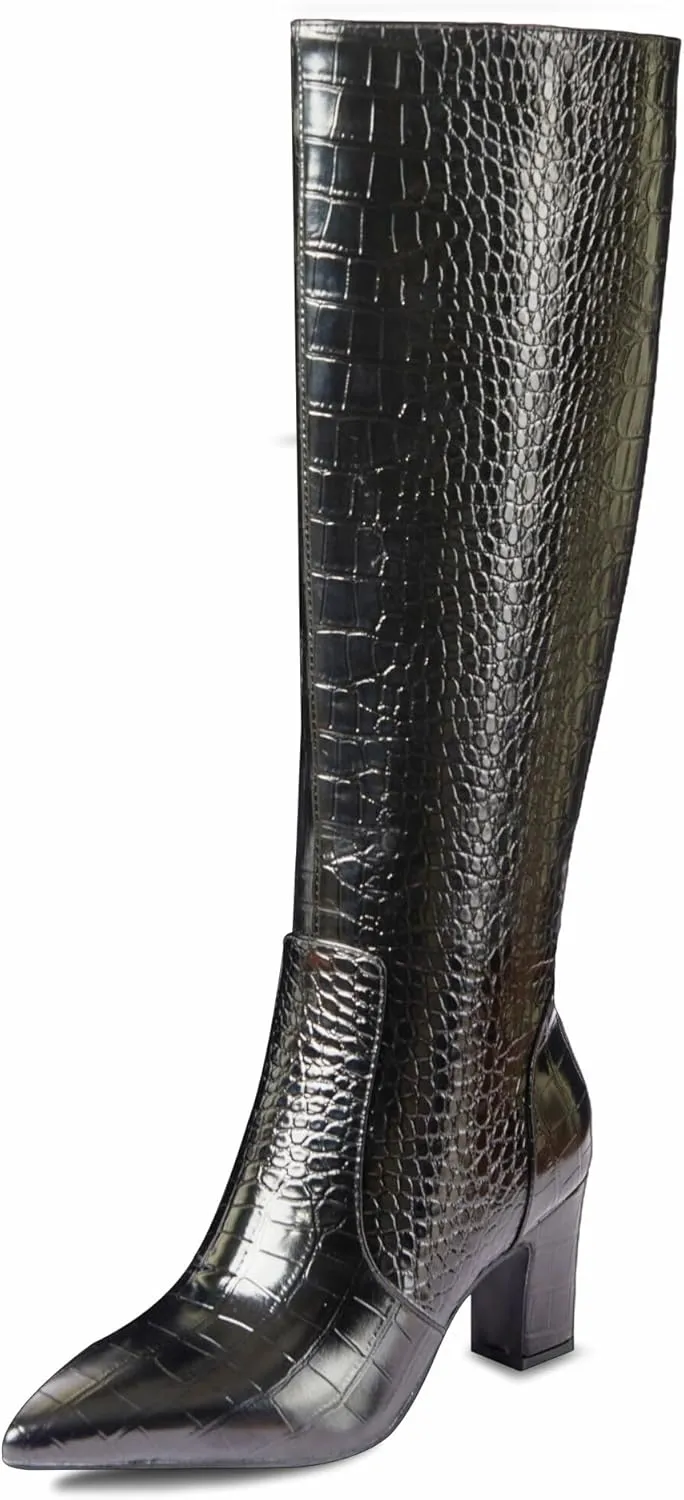 Faux Crocodile Leather Women's Knee High Boots 3.2 Inches Wide Calf Block Heel Pointed Toe with Side Zipper Tall Fall Boots Sparkly Metallic Boots