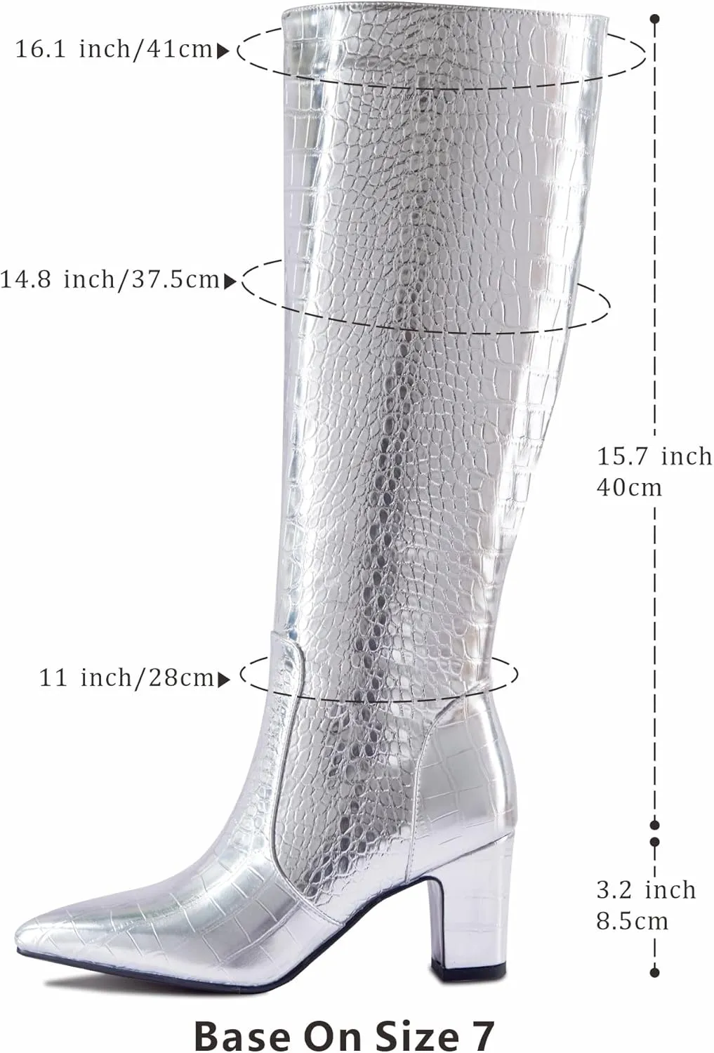 Faux Crocodile Leather Women's Knee High Boots 3.2 Inches Wide Calf Block Heel Pointed Toe with Side Zipper Tall Fall Boots Sparkly Metallic Boots