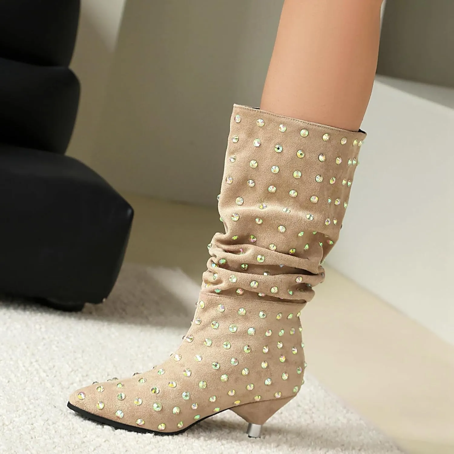 Faux Suede Crystal Slouch Boots for Women Low Round Heel Slip On Studded Pleated Mid Calf Boots
